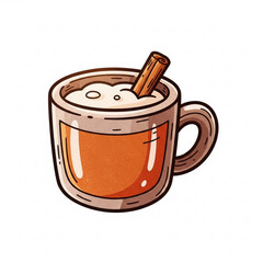 Cartoon illustration of hot autumn drink in mug with cinnamon stick.