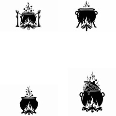 Set of black witch cauldron silhouettes boiling potions over open fire.