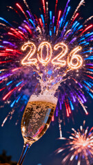 New Year 2026 Celebration With Bubbly Champagne Glass And Fireworks Over City Skyline