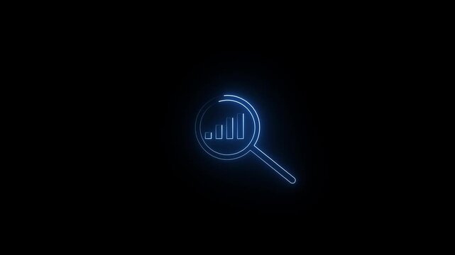 A glowing neon pink magnifying glass icon with bar graph inside, on black background. The concept of data analysis and analytics in marketing or business