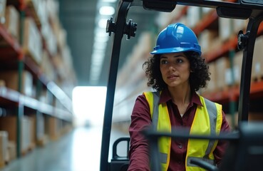 Woman in hard hat drives forklift inside distribution center. She wears a safety vest amidst tall shelves stacked with boxes. Female operates machinery in warehouse.