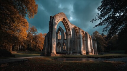 Ancient Architectural Echoes: Capturing the weathered grandeur of an historic stone building, embraced by the embrace of the surrounding landscape, under a dramatic, cloud-filled sky.