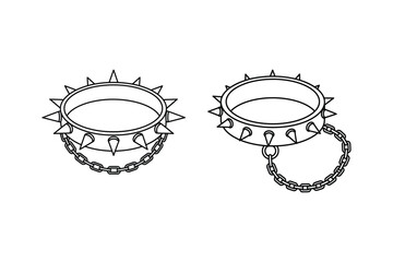 Set of collar with spikes on chain line art vector illustration
