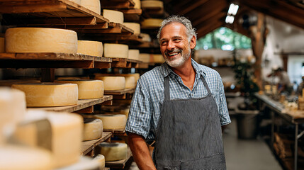 Candid Portrait Of Smiling Artisan Cheesemaker In Traditional Cellar