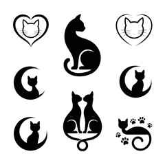 Collection of black cat silhouettes and icons, isolated on transparent background