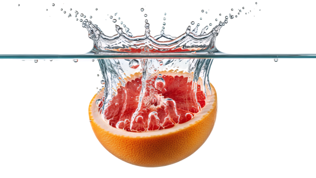 Grapefruit Splashing into Water, Isolated on Transparent Background, Healthy Citrus Concept with Refreshing Juice