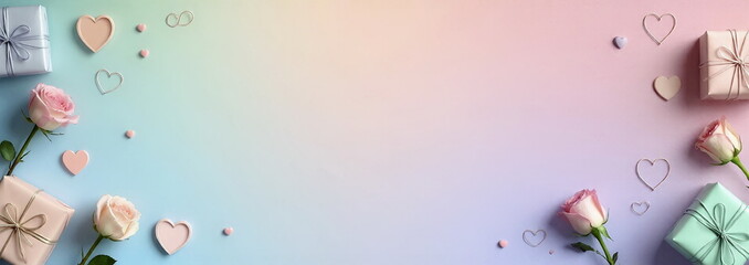 Valentine's Day minimalist aesthetic design background soft pastel gradient colors with minimalist hearts, roses, gifts box with space for text long banner . Blank for marketplace online shop backdrop
