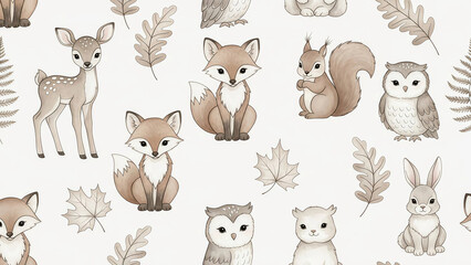 Charming woodland creatures pattern for adorable nursery decor and baby products with sweet deer, fox, squirrel, owl, and rabbit illustrations
