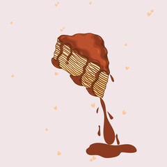 Stack of Pancakes with Dripping Chocolate Syrup and Splash, Vector Illustration