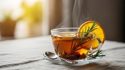 Steaming hot herbal tea with orange slice and fresh rosemary garnish in clear glass cup on textured table