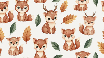 Adorable watercolor woodland animals pattern, perfect for nursery decor and baby gifts, featuring cute deer and foxes with autumn leaves