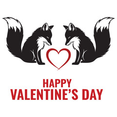 Happy Valentine's Day greeting card with cute fox couple sitting together and red heart symbol. Vector silhouette illustration with text.