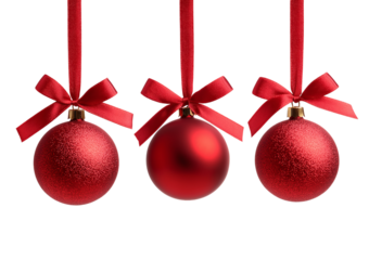 Three Red Christmas Ornaments with Ribbons Hanging isolated on a transparent background red ornaments