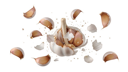 Exploding Garlic Bulb with Cloves Isolated on Transparent Background, Organic Food Ingredient