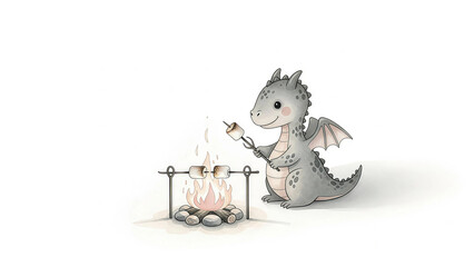 Adorable dragon roasting marshmallows over a campfire illustration for children's books and whimsical designs, bringing warmth and fantasy together