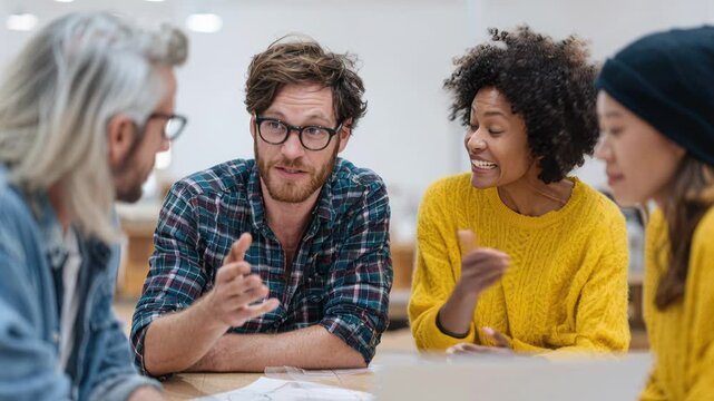 three colleagues gathered around laptop, surprised and smiling as they review prototype in modern open-plan office; product designer points at screen