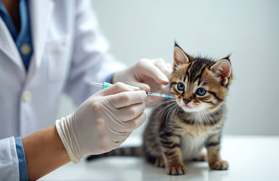 Vet gives injection to kitten in clinic. Doctor vaccinates tabby kitten. Pet receives vaccine. Veterinary pro in uniform holds syringe. Concept of pet health, animal care and disease prevention.