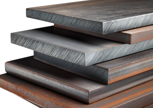 Stack of rough metal plates with visible machining marks and rust isolated on a transparent background