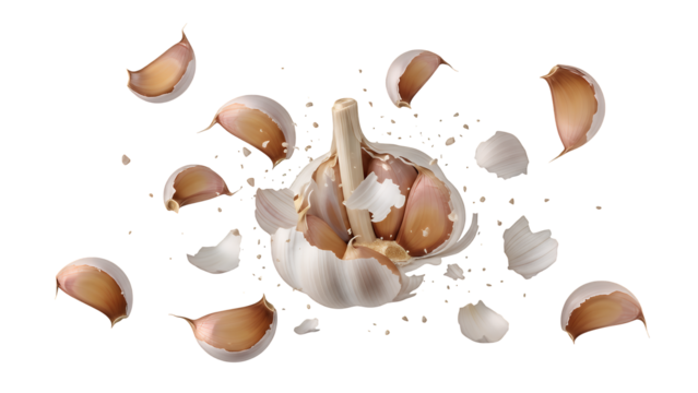 Exploding Garlic Bulb with Cloves Isolated on Transparent Background, Organic Food Ingredient