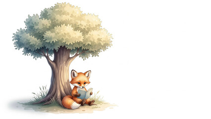 Adorable fox engrossed in a captivating book under a shady tree, perfect for children's illustrations and storybooks, creating a whimsical and educational scene