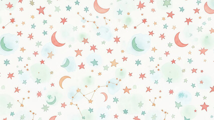 Dreamy pastel celestial pattern with moons, stars, and constellations, perfect for nursery decor, children's designs, and magical themed projects