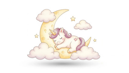 Dreamy unicorn sleeping peacefully on the moon surrounded by fluffy clouds creates a magical, whimsical, and enchanting scene for children's stories