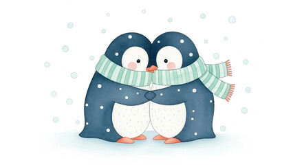 Adorable pair of penguins hugging in winter snow, wearing cute scarves, perfect for holiday cards or seasonal children's designs
