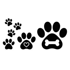 Black paw prints with heart and bone designs, isolated on transparent background