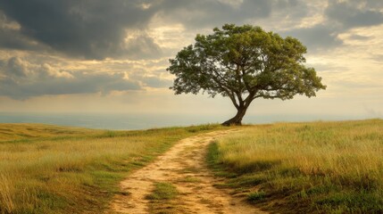 Serene Landscape with Lush Green Tree and Winding Pathway Under Dramatic Cloudy Sky at Golden Hour in Tranquil Natural Setting