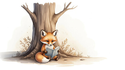 Adorable fox engrossed in reading a book beneath a shady tree, perfect for whimsical children's stories and educational materials