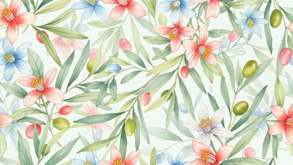 Delicate watercolor floral pattern with olive branches for elegant designs, invitations, and springtime projects, creating a fresh, organic feel.