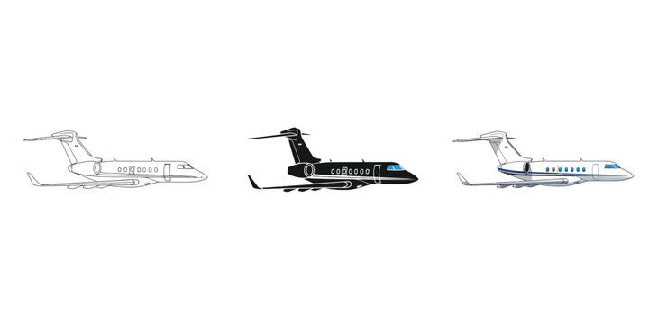 Three illustrations of private jets, including a sketch, a black silhouette, and a detailed rendering