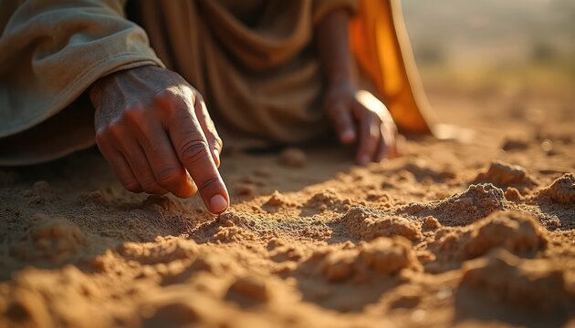 Man writing on sand. Conceptual shot human hand draws in sand. Religious narrative background. Person writes on desert ground with finger in sunlight. Religious and spiritual themes.