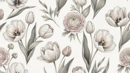 Elegant floral pattern with tulips and ranunculus for sophisticated designs, wallpaper, fabrics or backgrounds for invitations and stylish branding projects