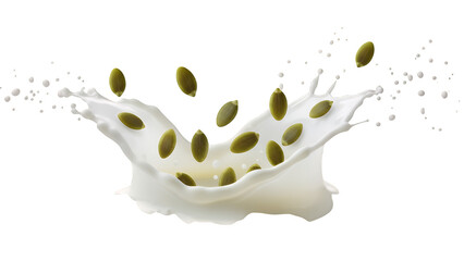 Dynamic splash of healthy white liquid with vibrant green pumpkin seeds elegantly falling, capturing a fresh and energetic moment, isolated on transparent background