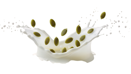 Dynamic splash of healthy white liquid with vibrant green pumpkin seeds elegantly falling, capturing a fresh and energetic moment, isolated on transparent background
