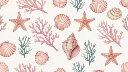 Elegant seashell pattern featuring starfish and coral for coastal decor projects, scrapbooking, or creating a charming ocean themed design