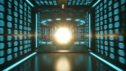 Glowing server corridor leads toward light. Datacenter rack walls show pulsing data. Network node ai interface illuminates space. Futuristic technology hub feels immersive. Teal glow on glossy floor. - Powered by Adobe