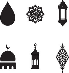Collection of Islamic cultural symbols and decorative elements in silhouette