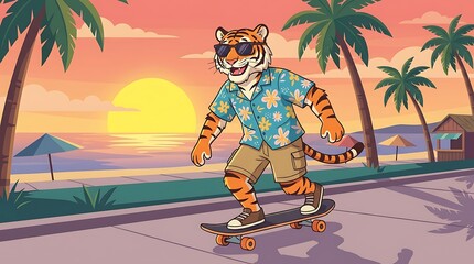 Skateboarding Tiger on Beach Promenade A Tropical Adventure at Sunset, Seaside Lifestyle