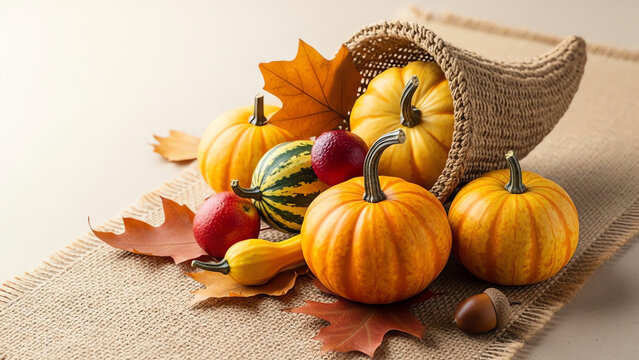 Cornucopia filled with colorful pumpkins and autumn leaves
