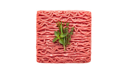 Ground beef and herbs, isolated on transparent background fresh, raw minced meat texture detail