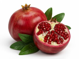 Fresh pomegranates offer vibrant color and healthy eating for your next project with these juicy red arils and bright green leaves against a white backdrop