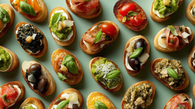 a variety of mini crostini with toppings like tomato basil, cheese pesto, olive tapenade, arranged in patterns