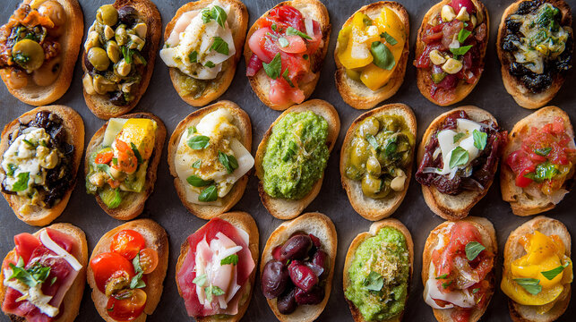 a variety of mini crostini with toppings like tomato basil, cheese pesto, olive tapenade, arranged in patterns