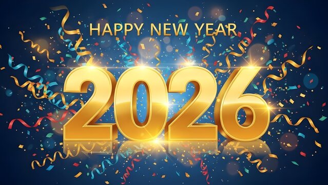 Vibrant New Year Vector Banner with Shimmering Golden 3D 2026 Numbers and Colorful Confetti on a Dark Blue Background.
