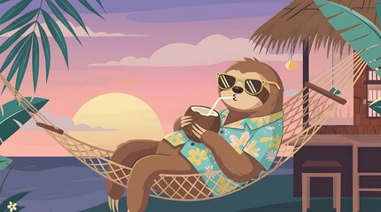Naklejka premium Relaxing Sloth Enjoying Coconut Drink on Tropical Beach Hammock During Sunset