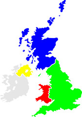 Fototapeta premium A colorful political map of the United Kingdom and Ireland, highlighting the constituent countries of England, Scotland, Wales, and Northern Ireland