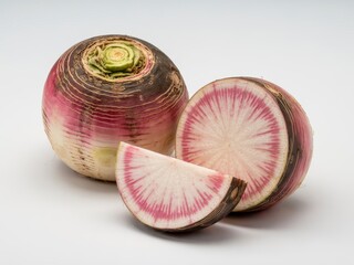 Enjoy fresh watermelon radishes, sliced and whole on a clean bright surface for a healthy recipe or vibrant food photography concept now