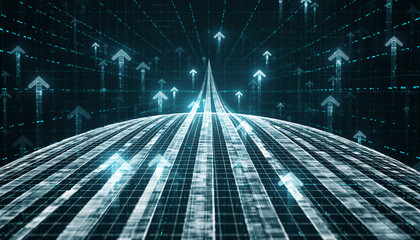 Growth trajectory and tech innovations: A futuristic vision of growth and progress, depicted through upward arrows, representing digital evolution and technology advancements.